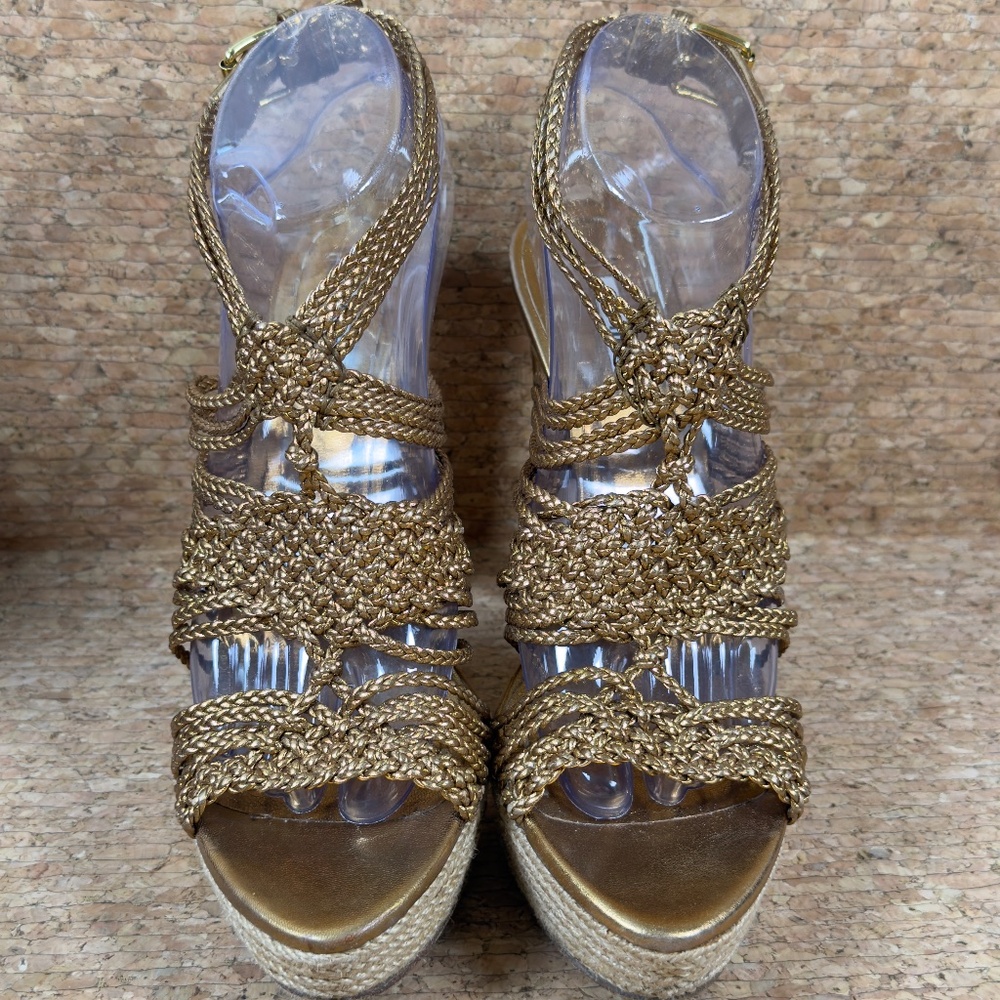 Miu Miu Gold Braided Espadrille Platform Heels EU 39.5 Italy Luxury